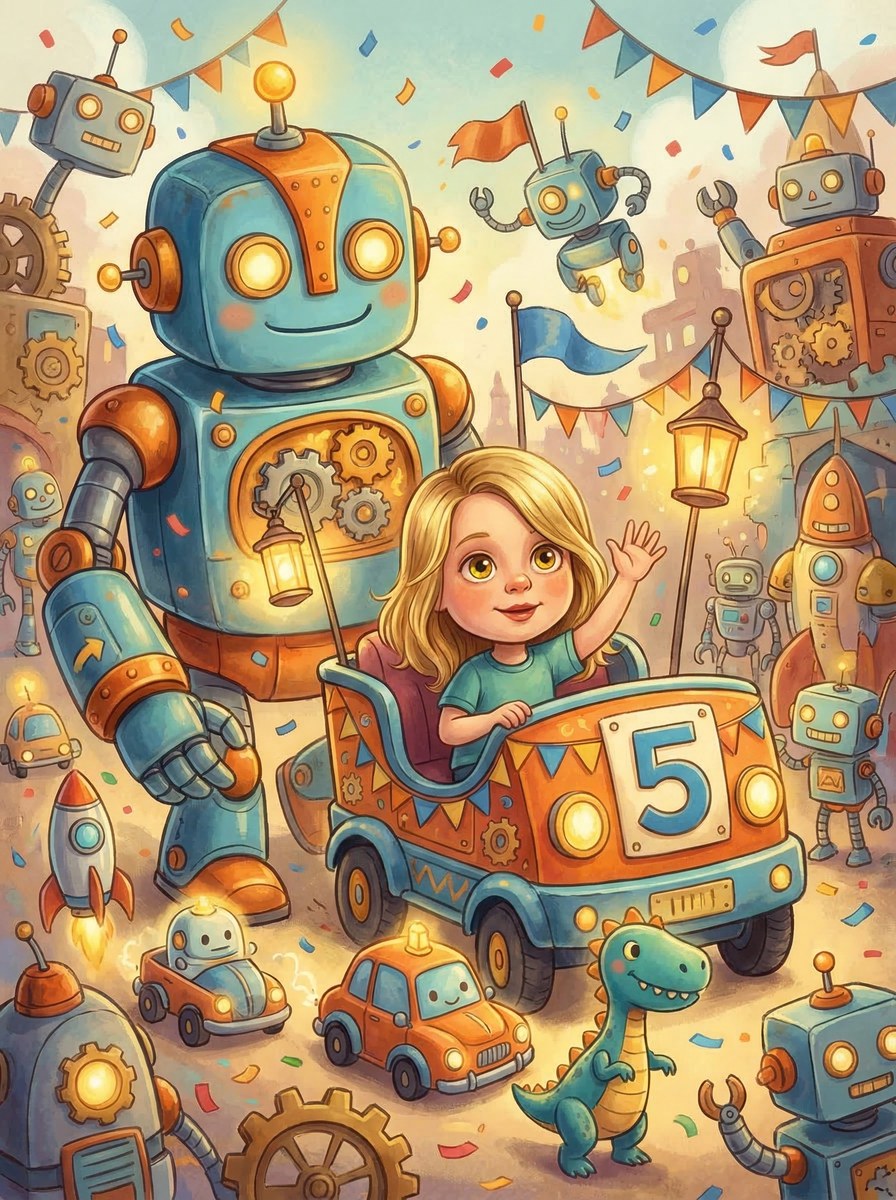 Atlas rides in a bright number five parade car surrounded by friendly robots, rockets, and a tiny dinosaur.