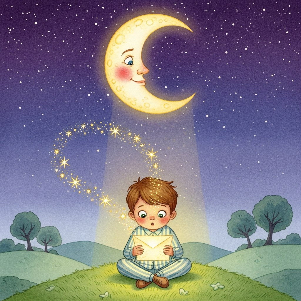 A pajama-clad child sits under a smiling crescent moon holding a glowing letter with stars swirling around it.