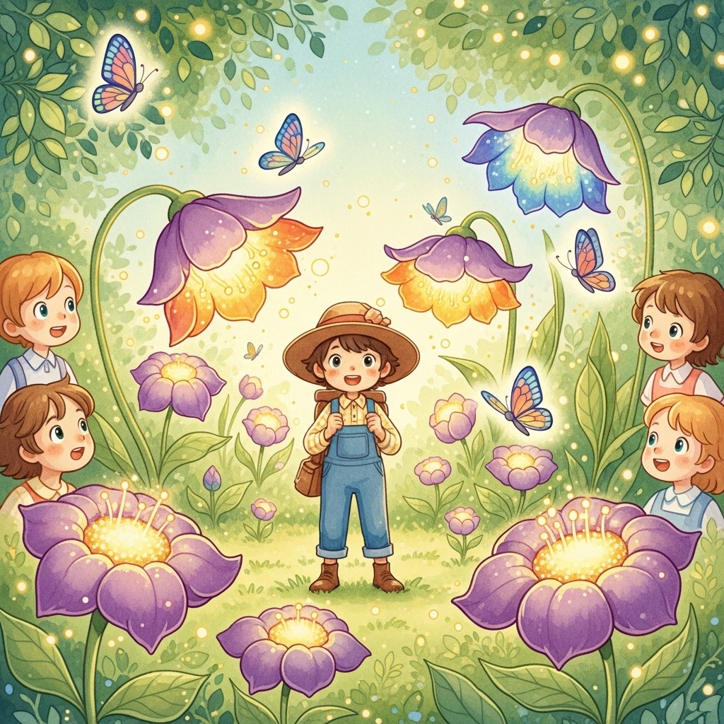 A child explorer stands in a glowing garden with enormous flowers, butterflies, and other children watching in wonder.